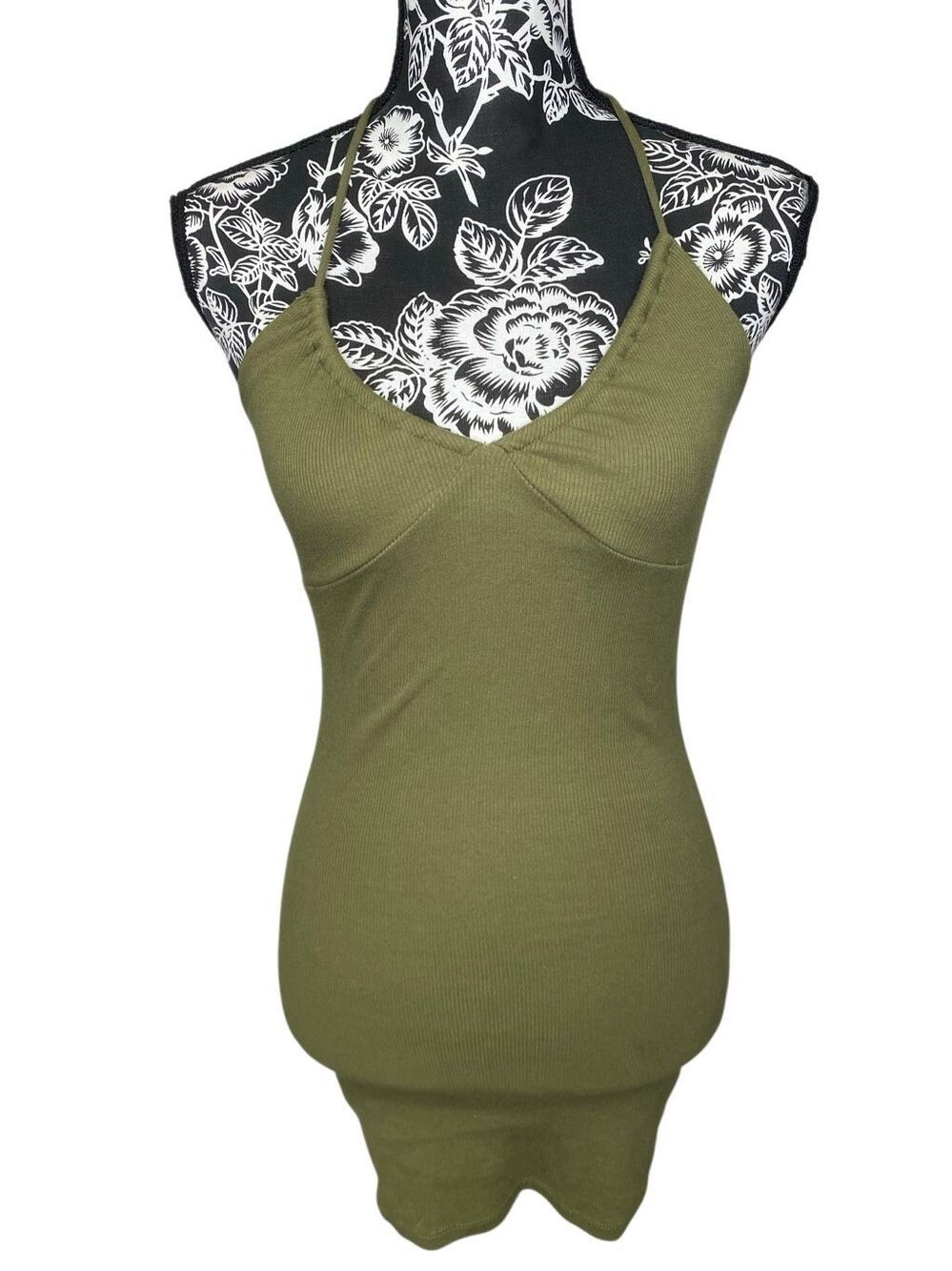 Garage Olive Ribbed Halter Bodycon Mini Dress Stretch Casual Y2K Sleeveless Sexy